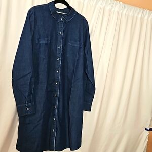 Belle Kim Gravel L button front denim shirt dress w breast and side pockets.